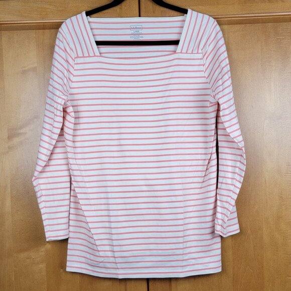 L.L. Bean Tops - L.L. Bean Supima Cotton Peach White Striped Long Sleeve Square Neck Top - L